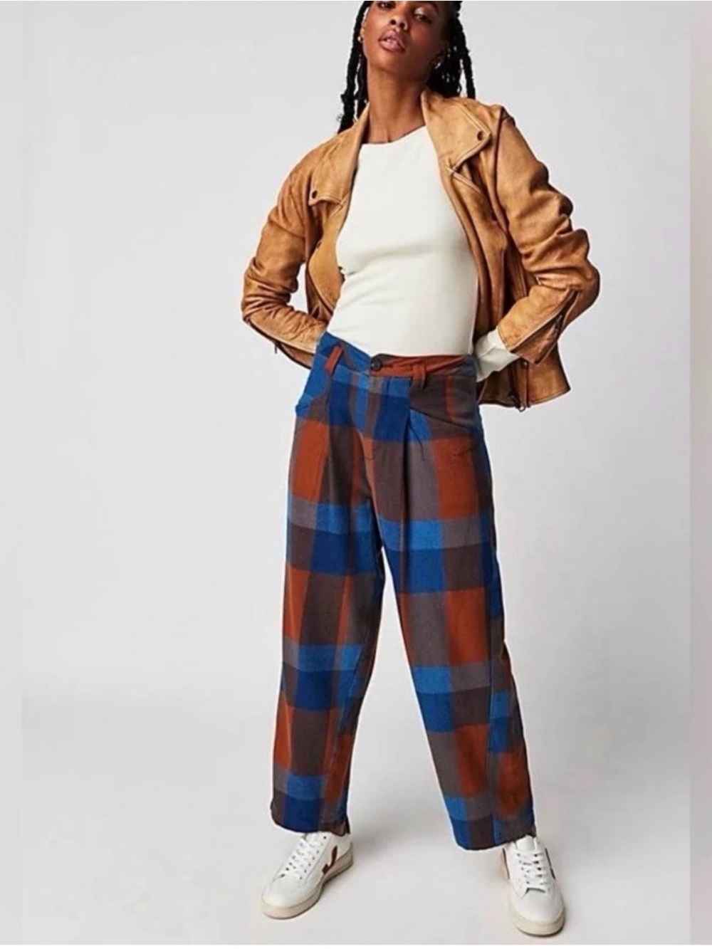Free People Cass Slouch Plaid Trousers in Blue and Brown